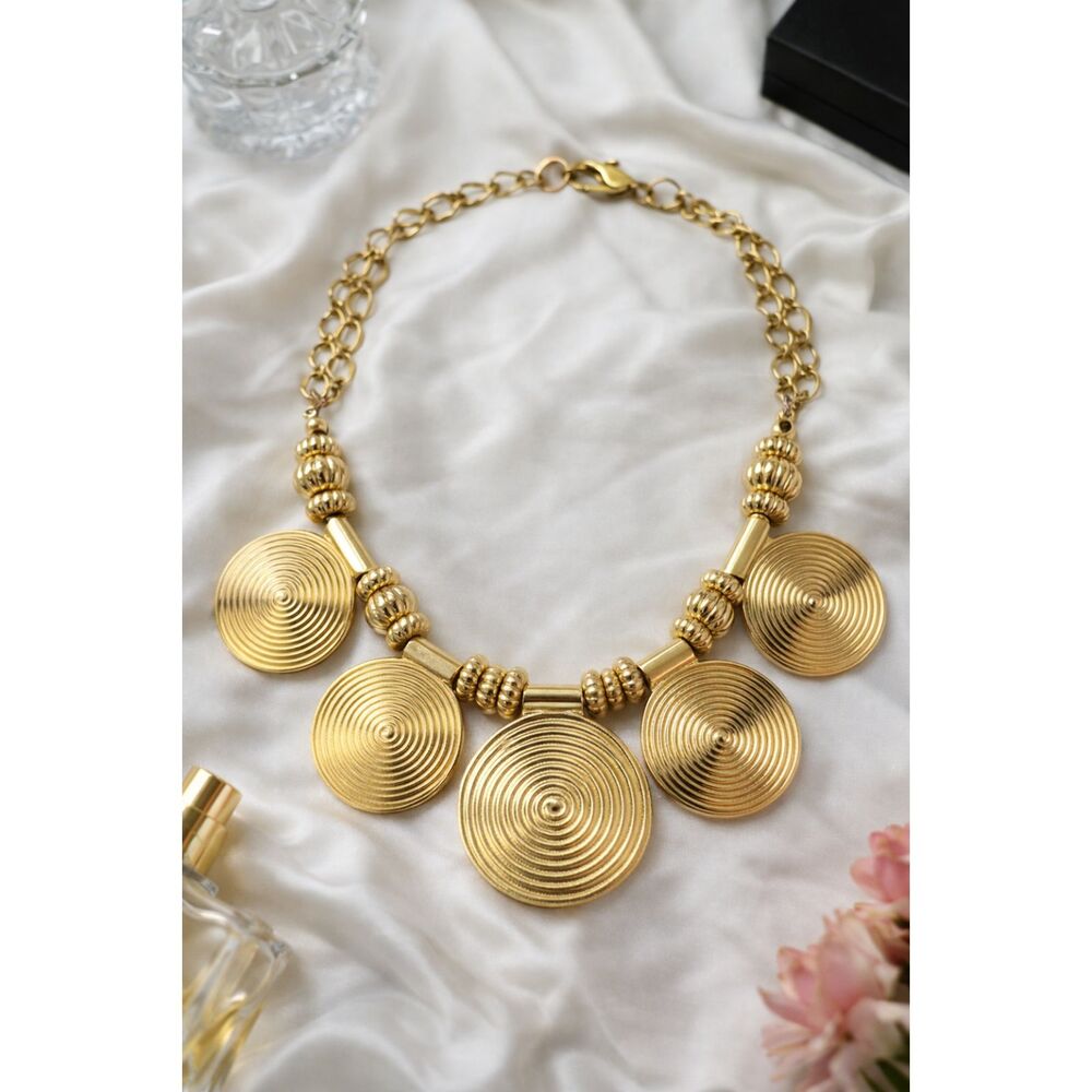 Vintage 80s Gold Tone Collar Necklace Spiral Disc Bold Chunky Statement